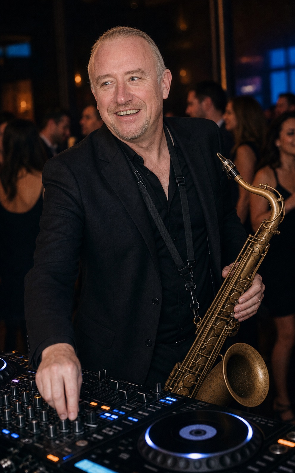 Tim Fulker with his saxophone at the DJ booth as the crowd dances behind