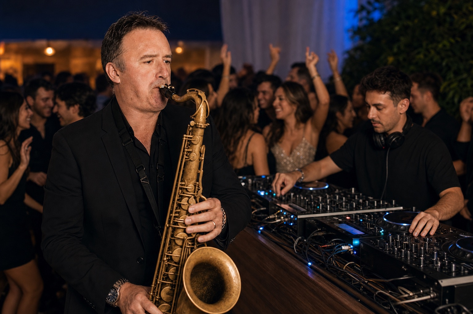 Tim Fulker playing live saxophone next to a DJ at an evening party