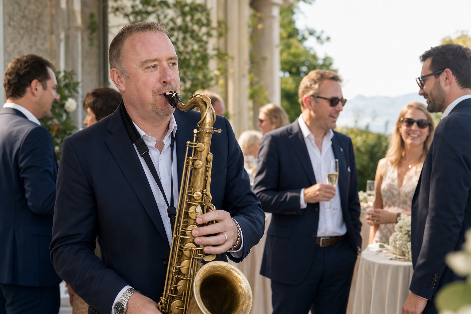 Tim Fulker playing saxophone at an elegant wedding drinks reception, guests with champagne